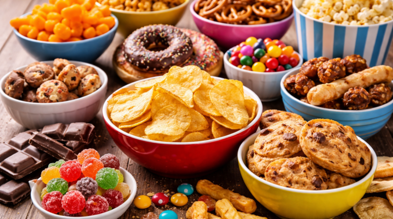 Junk food snacks - Colorful snack feast on wood