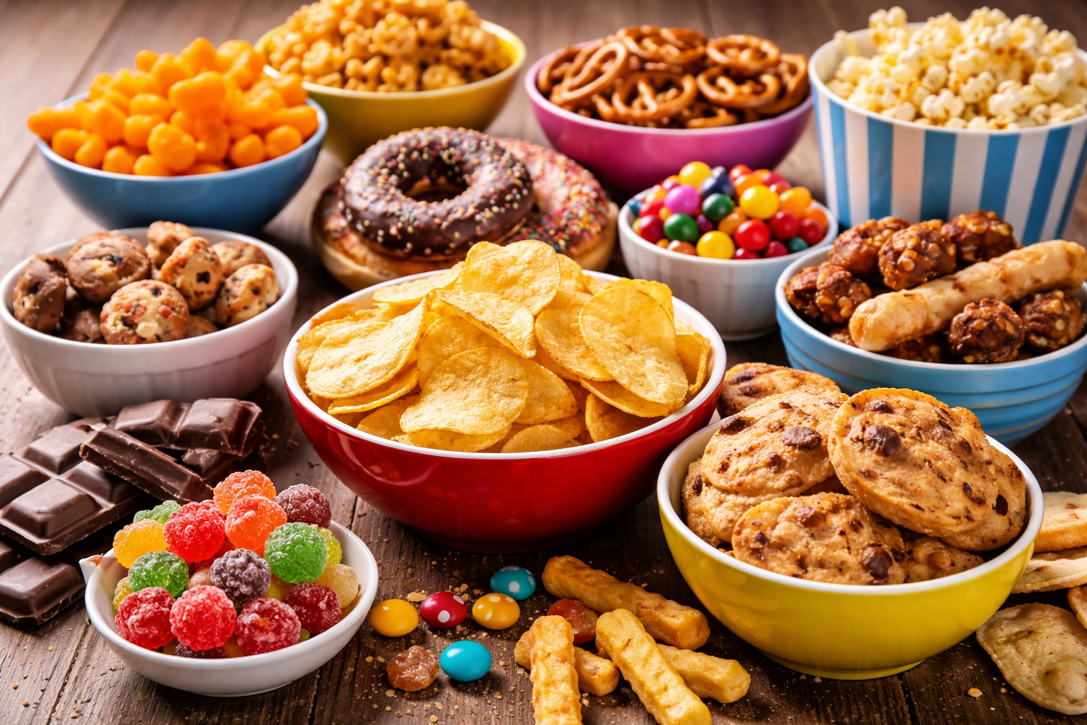 Junk food snacks - Colorful snack feast on wood